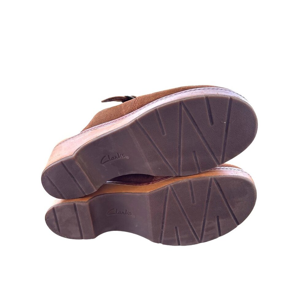 Clarks Collection Paizlee Nora Mules Clogs Size 10 Tan Wood Shoes Boho Suede - Picture 8 of 11